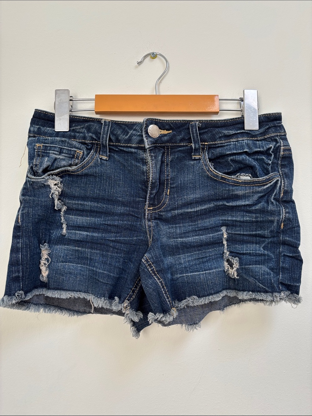 Lady Dutch Dark Wash Distressed Denim Shorts - Frayed Hem